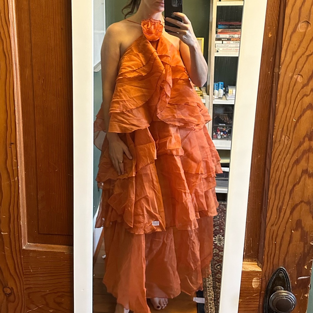 Elegant Backless Ruffle Dress - Orange - Picture 4 of 5